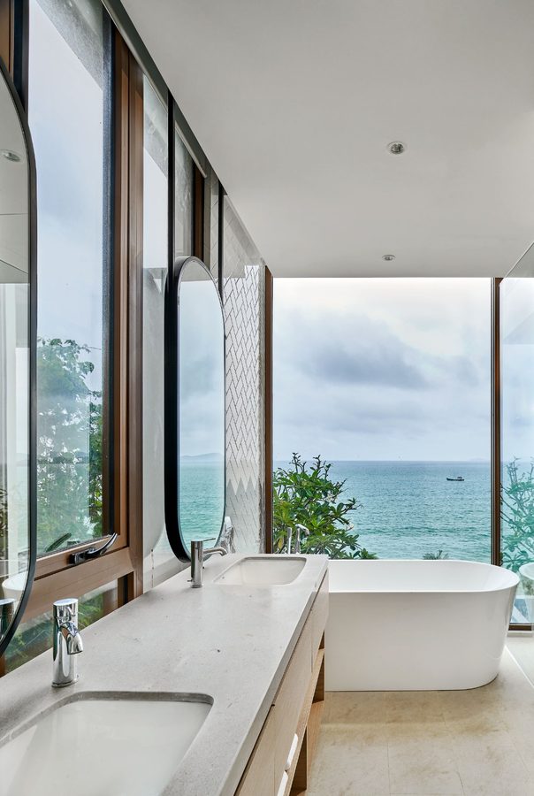 Khem Beach Resort — bathroom with herringbone tile